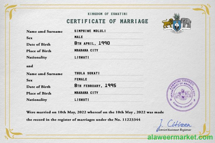Eswatini marriage certificate PSD template